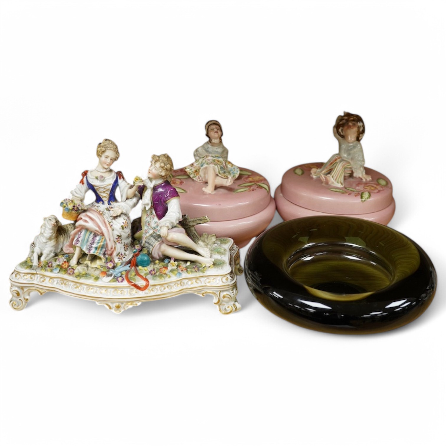 A pair of Goldscheider with Myott Stone & Co pots and covers, a Sitzendorf figure group and Holmegard ash tray, figure group 21.5cm wide. Condition - fair